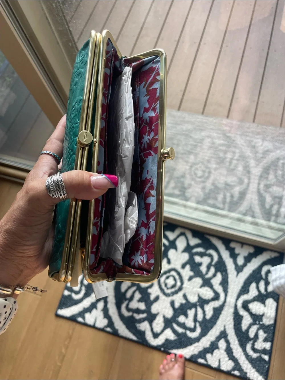 HOBO Lauren Teal Embossed Leather Kiss-Lock Clutch NWT
